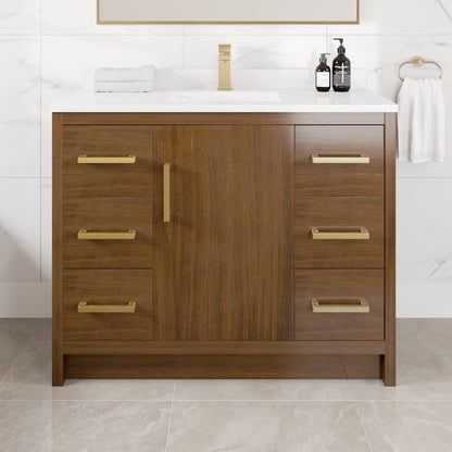 Curio 42 in. Walnut Single Sink Bath Vanity with Arabescato Engineered Stone Top and Undermount Porcelain Sink - Bathroom Vanity by Eviva