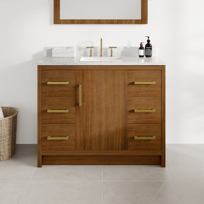 Nora 42 in. Walnut Single Sink Bath Vanity with Arabescato Engineered Stone Top and Undermount Porcelain Sink - Bathroom Vanity by Eviva