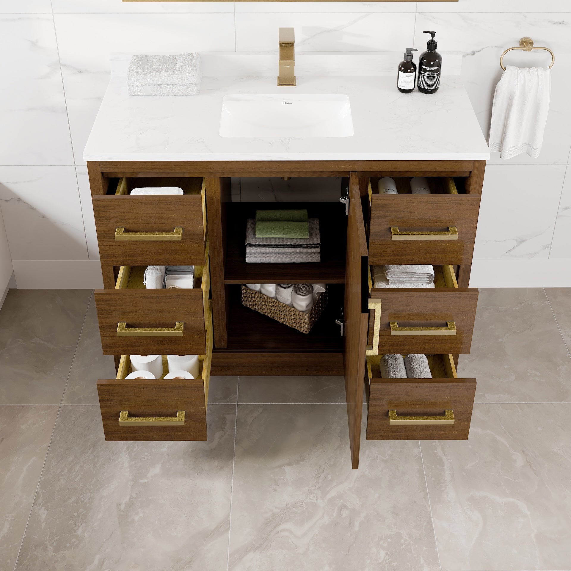 Curio 42 in. Walnut Single Sink Bath Vanity with Arabescato Engineered Stone Top and Undermount Porcelain Sink - Bathroom Vanity by Eviva