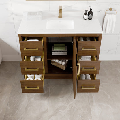 Curio 42 in. Walnut Single Sink Bath Vanity with Arabescato Engineered Stone Top and Undermount Porcelain Sink - Bathroom Vanity by Eviva