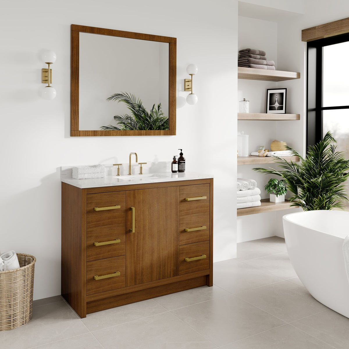 Nora 42 in. Walnut Single Sink Bath Vanity with Arabescato Engineered Stone Top and Undermount Porcelain Sink - Bathroom Vanity by Eviva