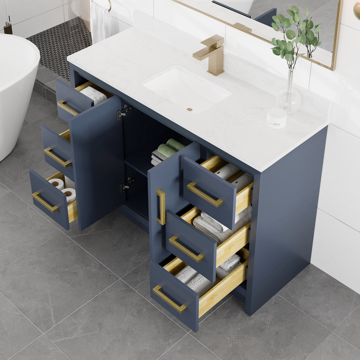 Curio 48 in. Dark Blue Single Sink Bath Vanity with Arabescato Engineered Stone Top and Undermount Porcelain Sink - Bathroom Vanity by Eviva