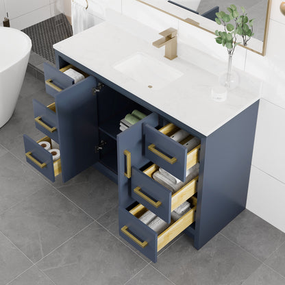 Curio 48 in. Dark Blue Single Sink Bath Vanity with Arabescato Engineered Stone Top and Undermount Porcelain Sink - Bathroom Vanity by Eviva