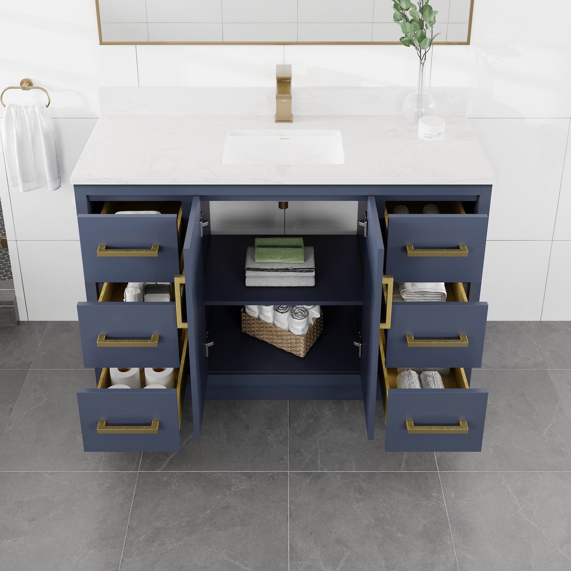 Curio 48 in. Dark Blue Single Sink Bath Vanity with Arabescato Engineered Stone Top and Undermount Porcelain Sink - Bathroom Vanity by Eviva