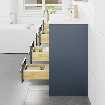 Curio 48 in. Dark Blue Single Sink Bath Vanity with Arabescato Engineered Stone Top and Undermount Porcelain Sink - Bathroom Vanity by Eviva