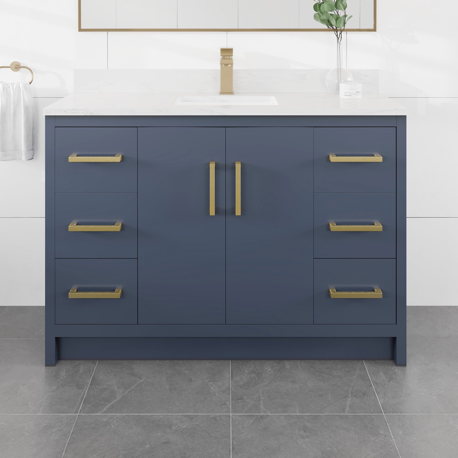 Curio 48 in. Dark Blue Single Sink Bath Vanity with Arabescato Engineered Stone Top and Undermount Porcelain Sink - Bathroom Vanity by Eviva