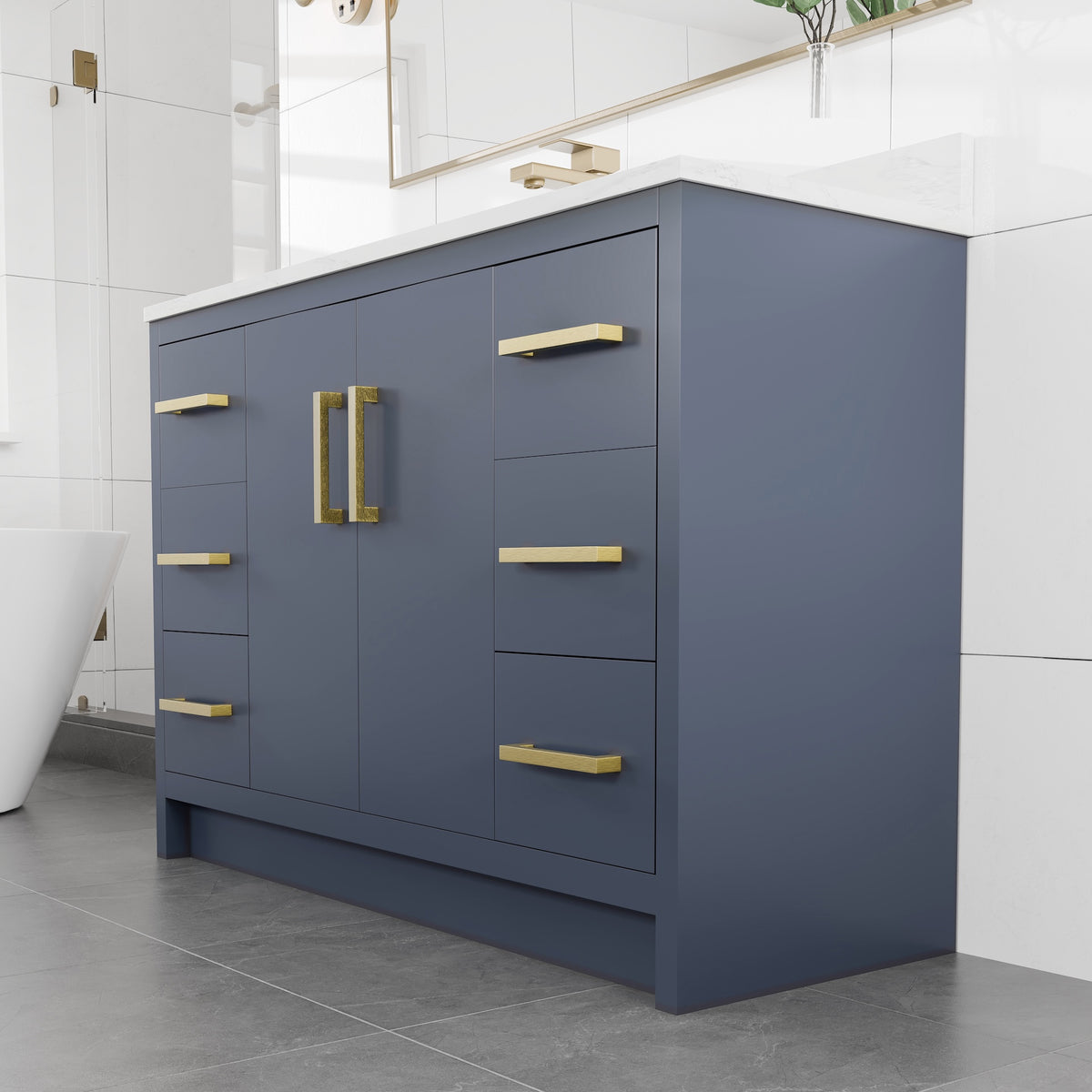 Curio 48 in. Dark Blue Single Sink Bath Vanity with Arabescato Engineered Stone Top and Undermount Porcelain Sink - Bathroom Vanity by Eviva