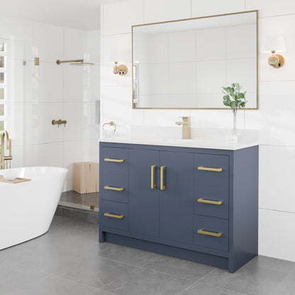 Curio 48 in. Dark Blue Single Sink Bath Vanity with Arabescato Engineered Stone Top and Undermount Porcelain Sink - Bathroom Vanity by Eviva