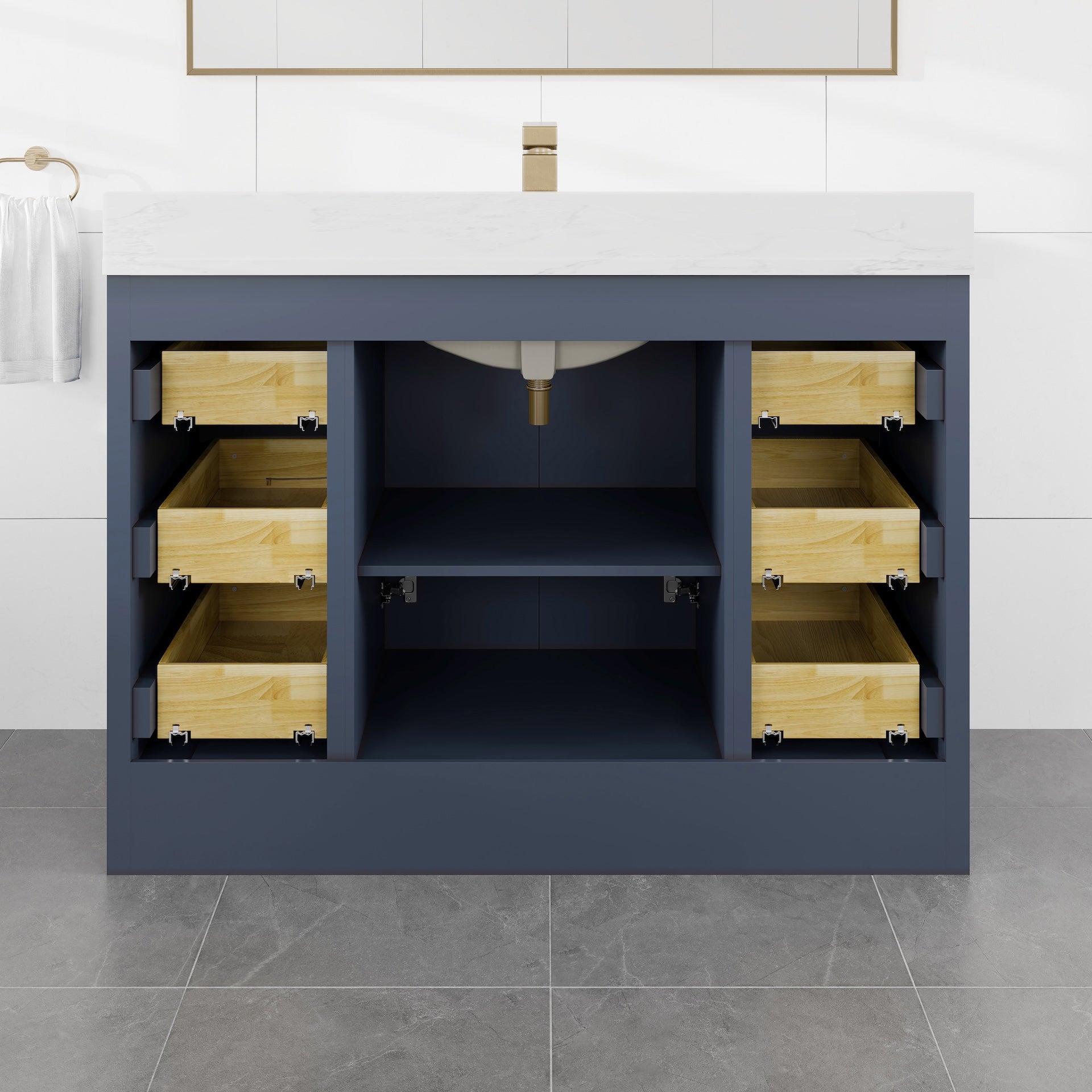 Curio 48 in. Dark Blue Single Sink Bath Vanity with Arabescato Engineered Stone Top and Undermount Porcelain Sink - Bathroom Vanity by Eviva