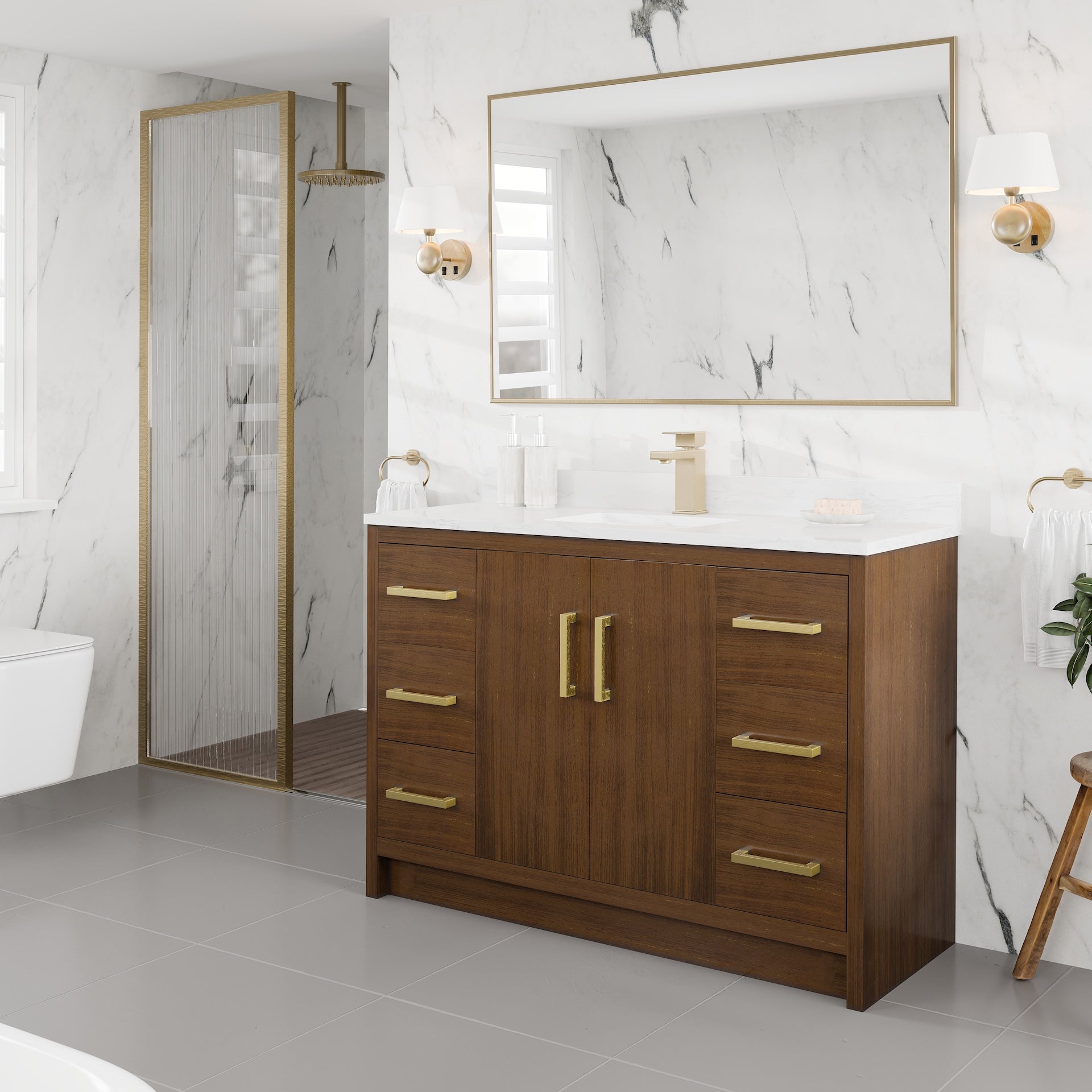 Curio 48 in. Walnut Single Sink Bath Vanity with Arabescato Engineered Stone Top and Undermount Porcelain Sink - Bathroom Vanity by Eviva