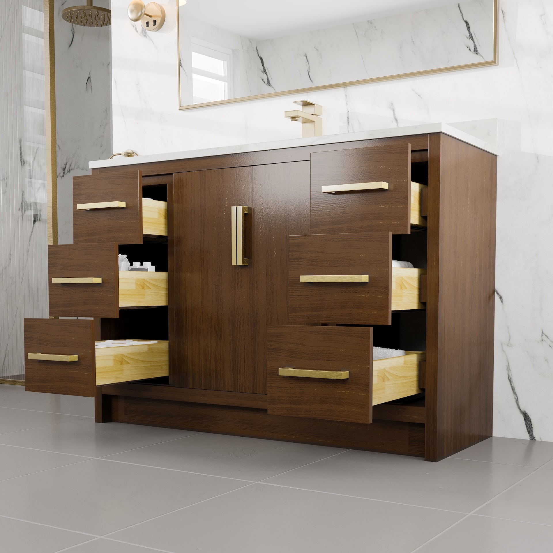 Curio 48 in. Walnut Single Sink Bath Vanity with Arabescato Engineered Stone Top and Undermount Porcelain Sink - Bathroom Vanity by Eviva