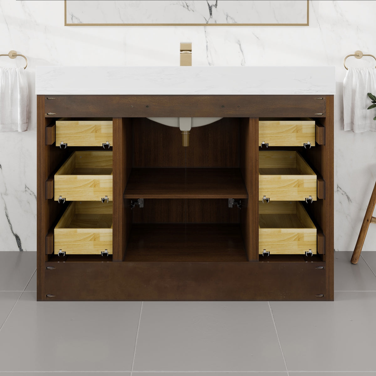 Curio 48 in. Walnut Single Sink Bath Vanity with Arabescato Engineered Stone Top and Undermount Porcelain Sink - Bathroom Vanity by Eviva