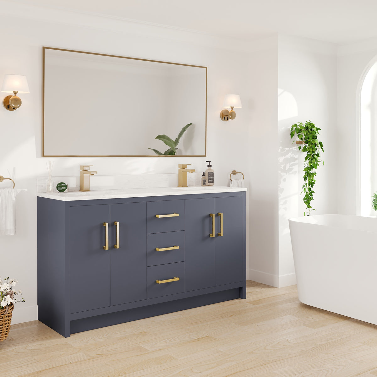 Curio 60 in. Dark Blue Double Sink Bath Vanity with Arabescato Engineered Stone Top and Undermount Porcelain Sinks - Bathroom Vanity by Eviva