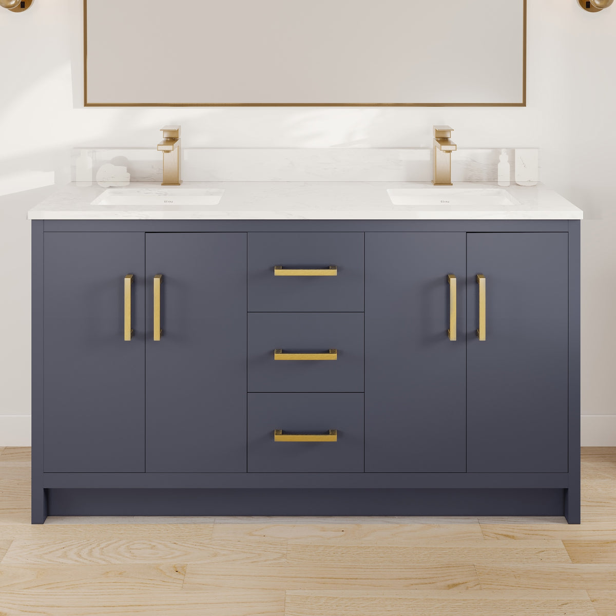 Curio 60 in. Dark Blue Double Sink Bath Vanity with Arabescato Engineered Stone Top and Undermount Porcelain Sinks - Bathroom Vanity by Eviva