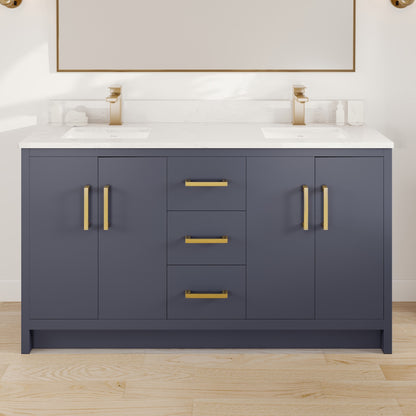 Curio 60 in. Dark Blue Double Sink Bath Vanity with Arabescato Engineered Stone Top and Undermount Porcelain Sinks - Bathroom Vanity by Eviva
