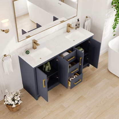 Curio 60 in. Dark Blue Double Sink Bath Vanity with Arabescato Engineered Stone Top and Undermount Porcelain Sinks - Bathroom Vanity by Eviva