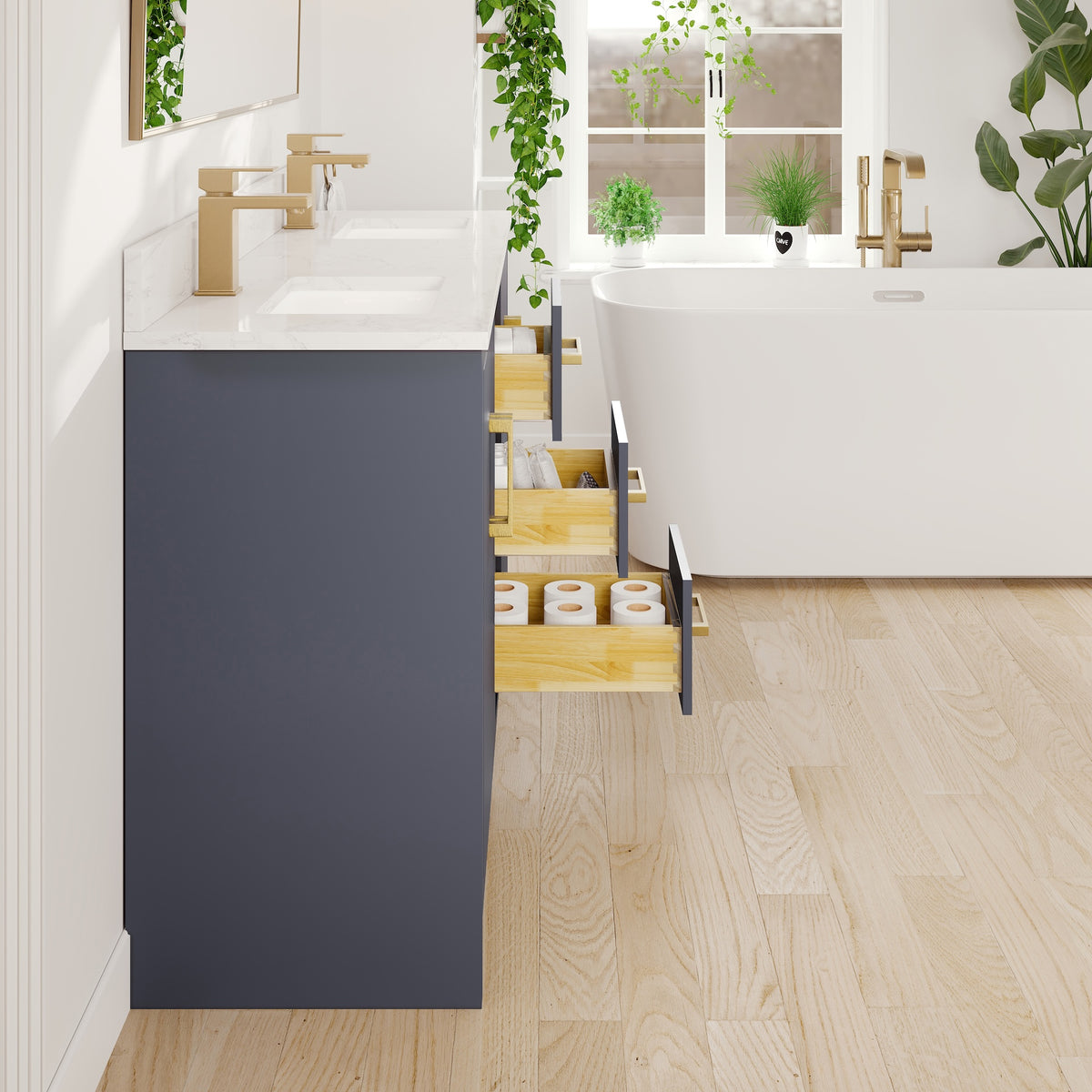 Curio 60 in. Dark Blue Double Sink Bath Vanity with Arabescato Engineered Stone Top and Undermount Porcelain Sinks - Bathroom Vanity by Eviva