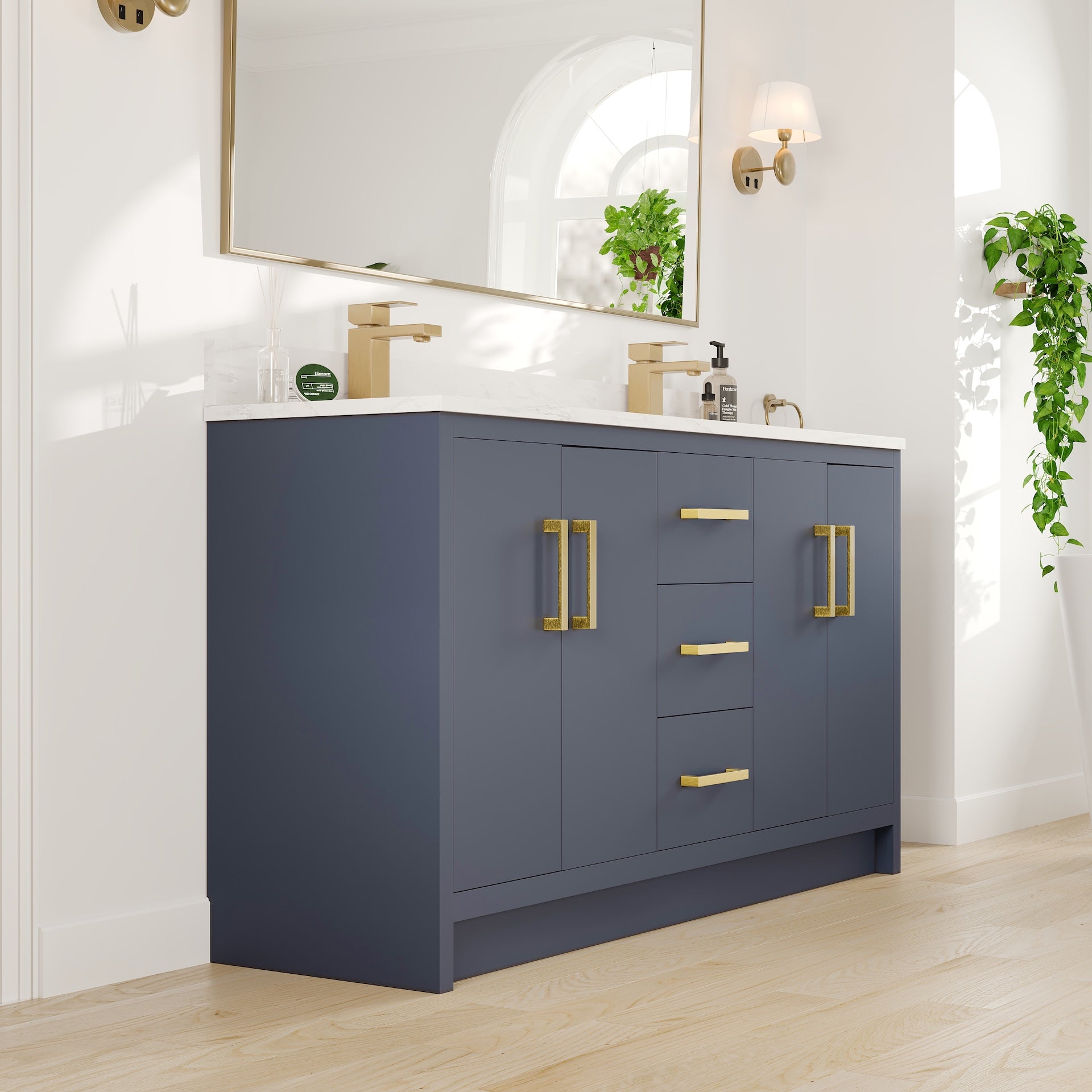 Curio 60 in. Dark Blue Double Sink Bath Vanity with Arabescato Engineered Stone Top and Undermount Porcelain Sinks - Bathroom Vanity by Eviva