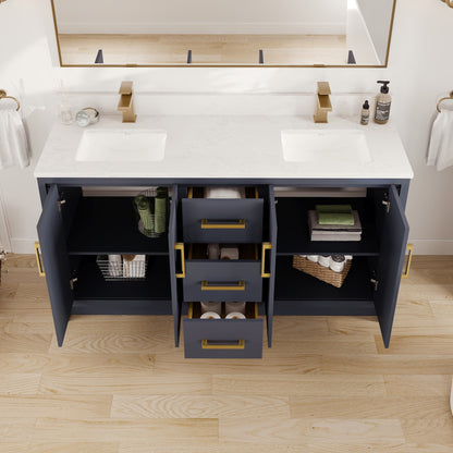 Curio 60 in. Dark Blue Double Sink Bath Vanity with Arabescato Engineered Stone Top and Undermount Porcelain Sinks - Bathroom Vanity by Eviva