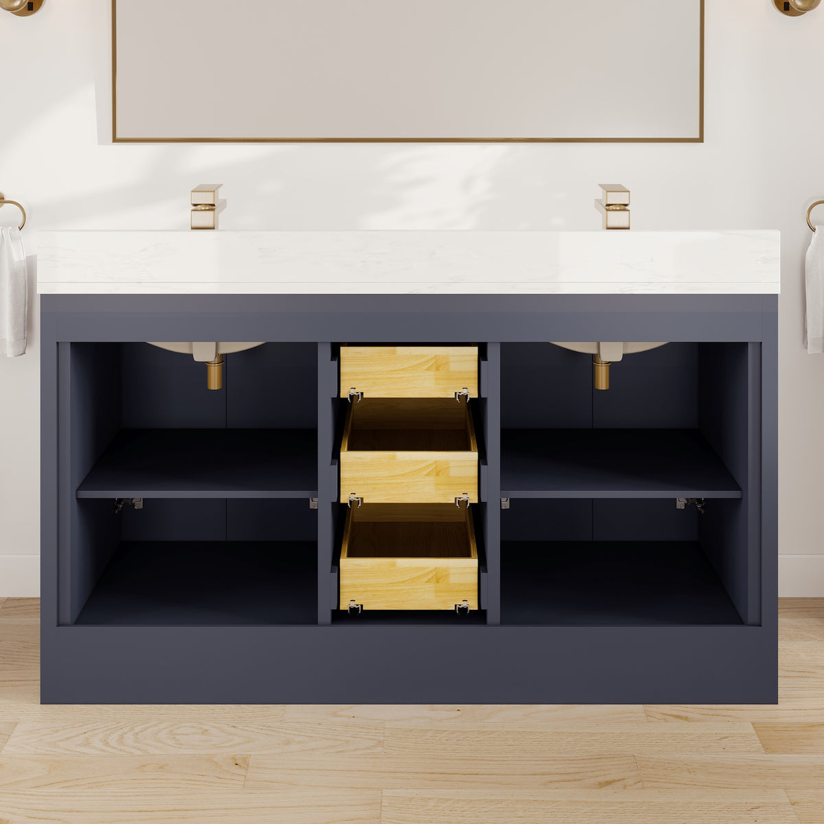 Curio 60 in. Dark Blue Double Sink Bath Vanity with Arabescato Engineered Stone Top and Undermount Porcelain Sinks - Bathroom Vanity by Eviva
