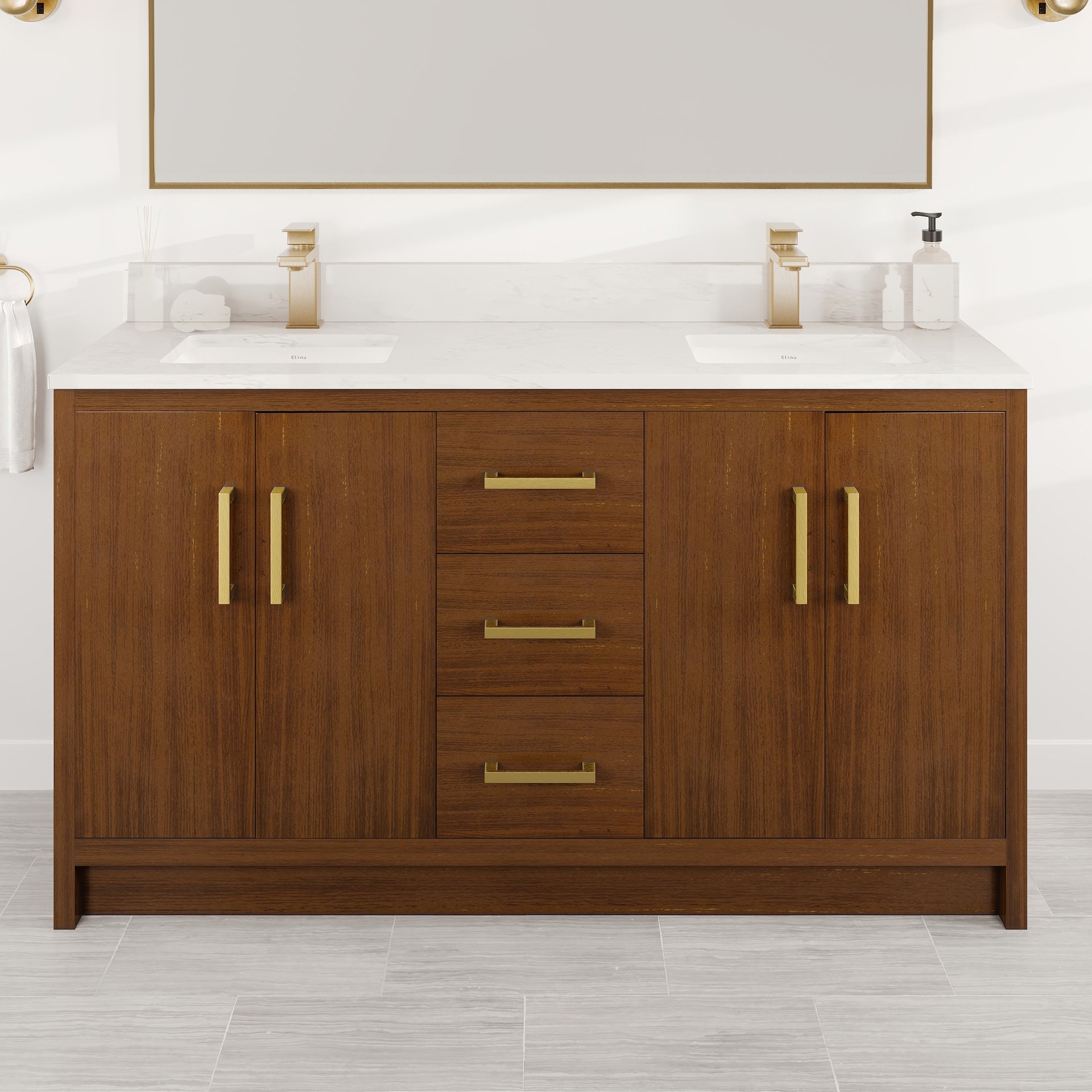 Curio 60 in. Walnut Double Sink Bath Vanity with Arabescato Engineered Stone Top and Undermount Porcelain Sinks - Bathroom Vanity by Eviva