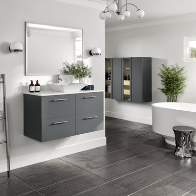 Luxury 39"W x 20"D Gray Wall Mount Bathroom Vanity with White Tempered Glass Countertop and Vessel Porcelain Sink