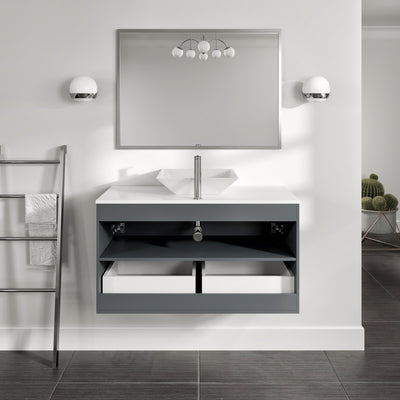 Luxury 39"W x 20"D Gray Wall Mount Bathroom Vanity with White Tempered Glass Countertop and Vessel Porcelain Sink