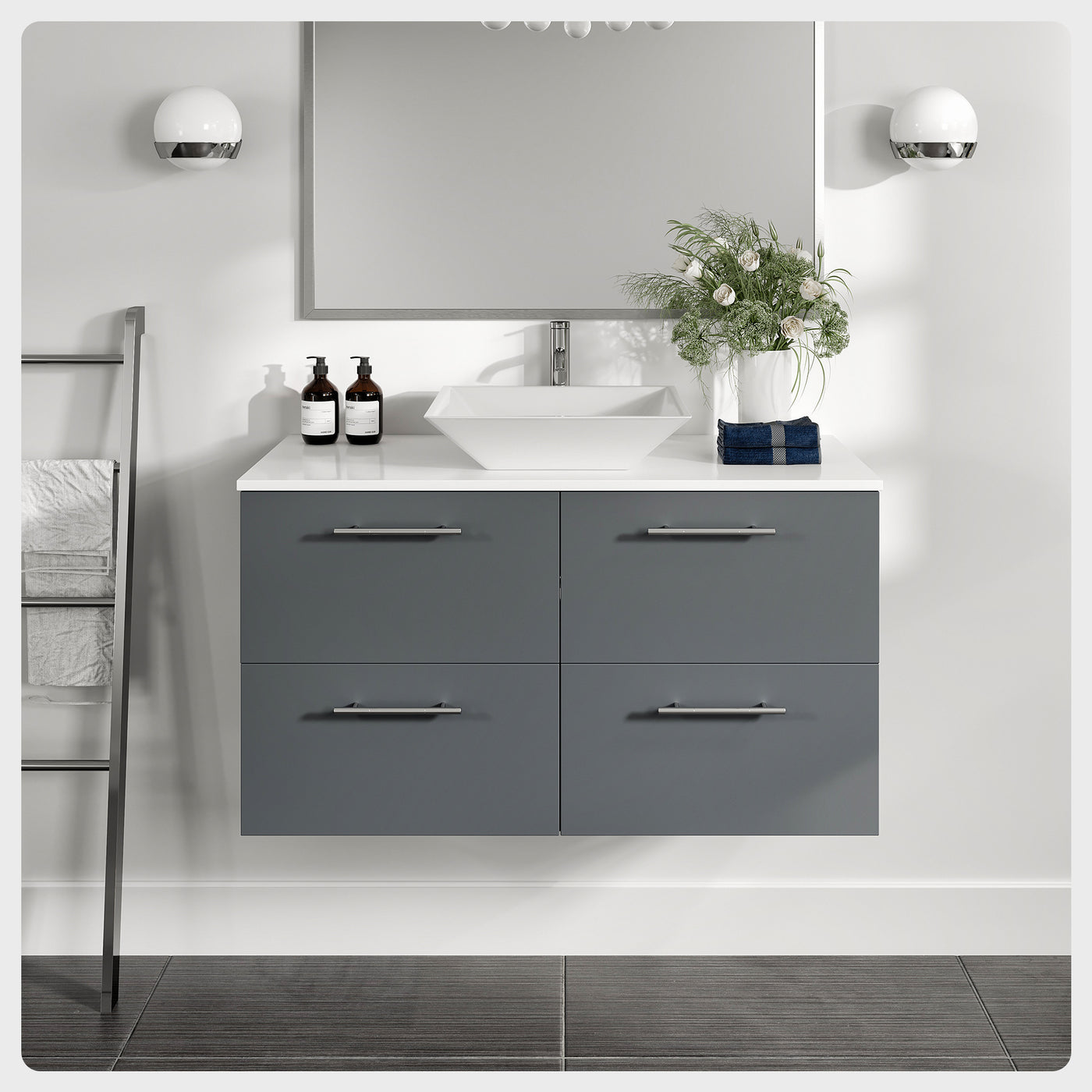 Luxury 39"W x 20"D Gray Wall Mount Bathroom Vanity with White Tempered Glass Countertop and Vessel Porcelain Sink