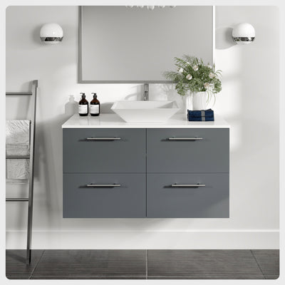 Luxury 39"W x 20"D Gray Wall Mount Bathroom Vanity with White Tempered Glass Countertop and Vessel Porcelain Sink