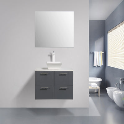 Luxury 39"W x 20"D Gray Wall Mount Bathroom Vanity with White Tempered Glass Countertop and Vessel Porcelain Sink