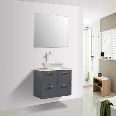 Luxury 39"W x 20"D Gray Wall Mount Bathroom Vanity with White Tempered Glass Countertop and Vessel Porcelain Sink