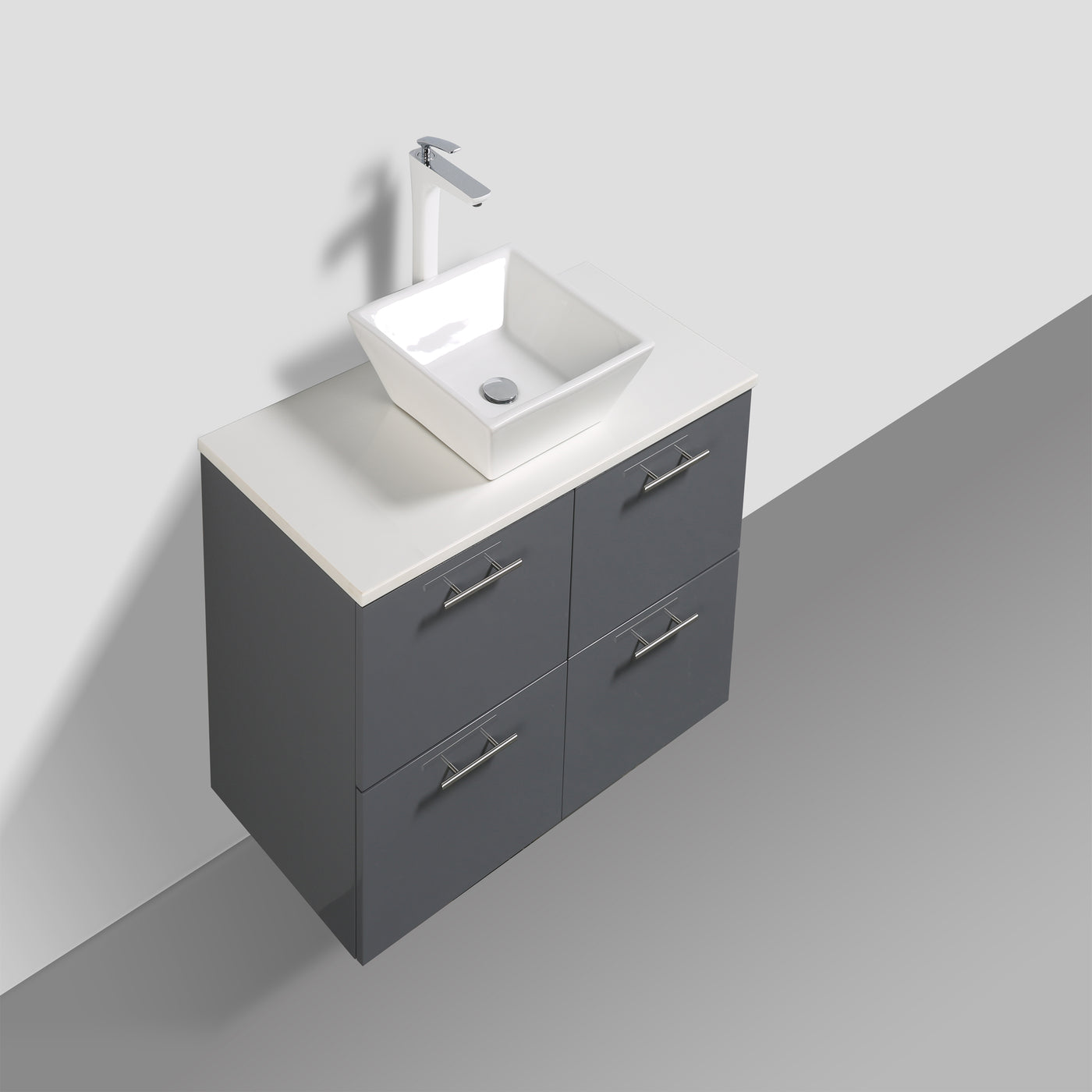 Luxury 39"W x 20"D Gray Wall Mount Bathroom Vanity with White Tempered Glass Countertop and Vessel Porcelain Sink