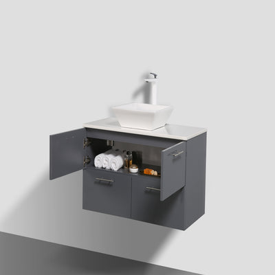 Luxury 39"W x 20"D Gray Wall Mount Bathroom Vanity with White Tempered Glass Countertop and Vessel Porcelain Sink