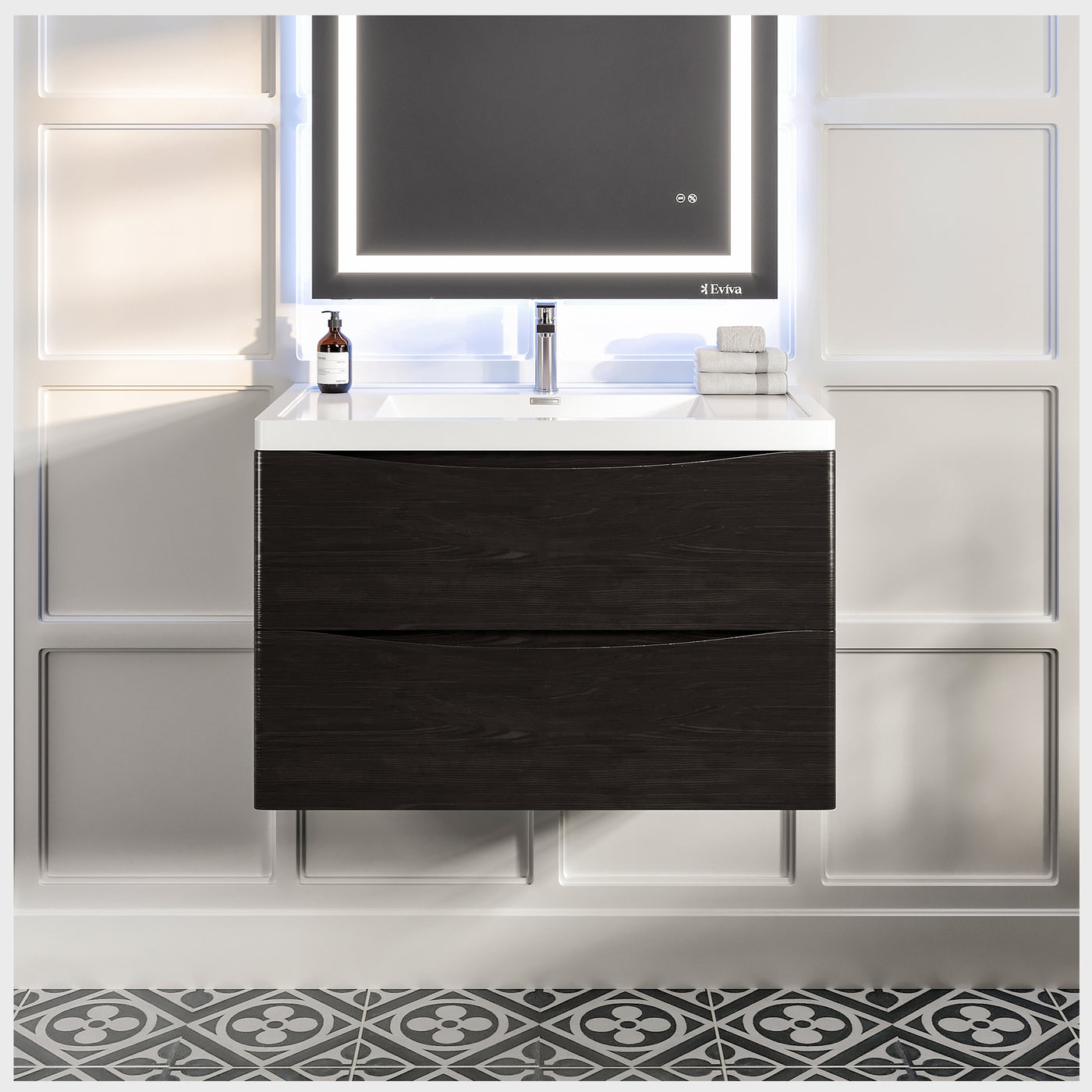 Smile 36"W x 19"D Chestnut Wall Mount Bathroom Vanity with White Acrylic Countertop and Integrated Sink