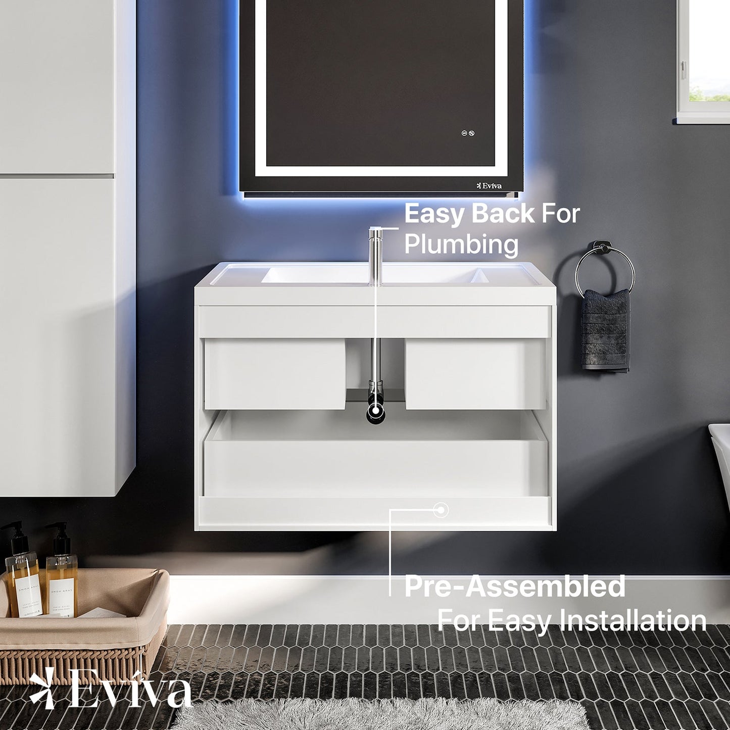 Eviva Glazzy 36" Glossy White Wall Mount Modern Bathroom Vanity w/ White Integrated Top