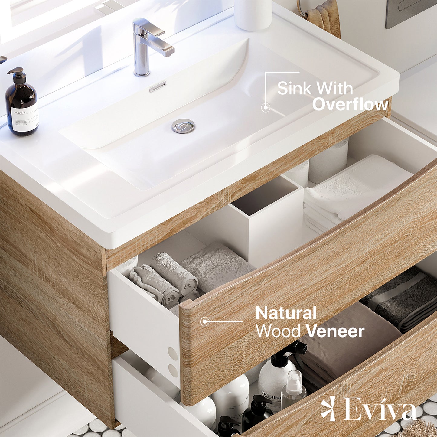 Eviva Smile 36" White Oak Wall Mount Modern Bathroom Vanity w/ White Integrated Top