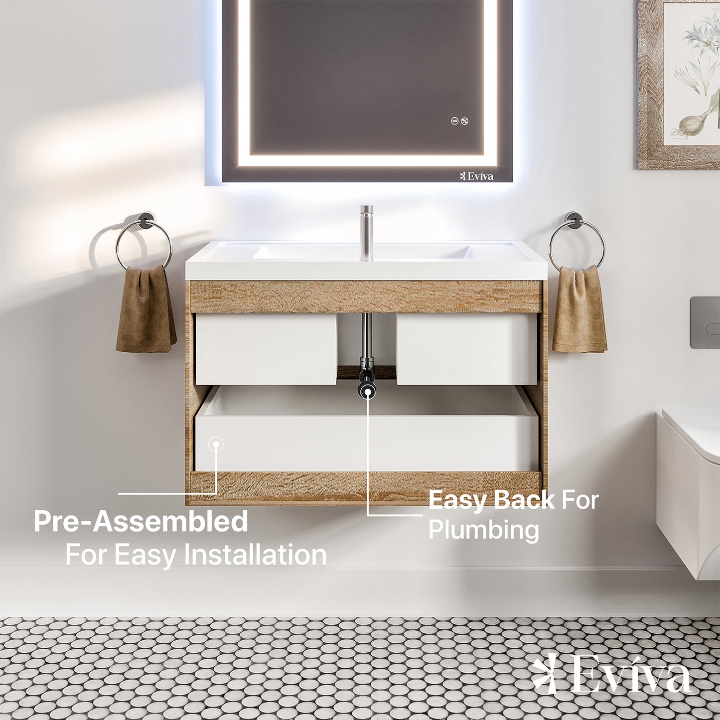 Eviva Smile 36" White Oak Wall Mount Modern Bathroom Vanity w/ White Integrated Top