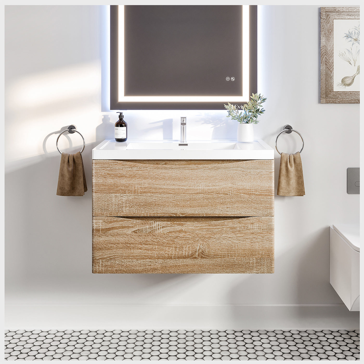 Smile 36"W x 19"D White Oak Wall Mount Bathroom Vanity with White Acrylic Countertop and Integrated Sink