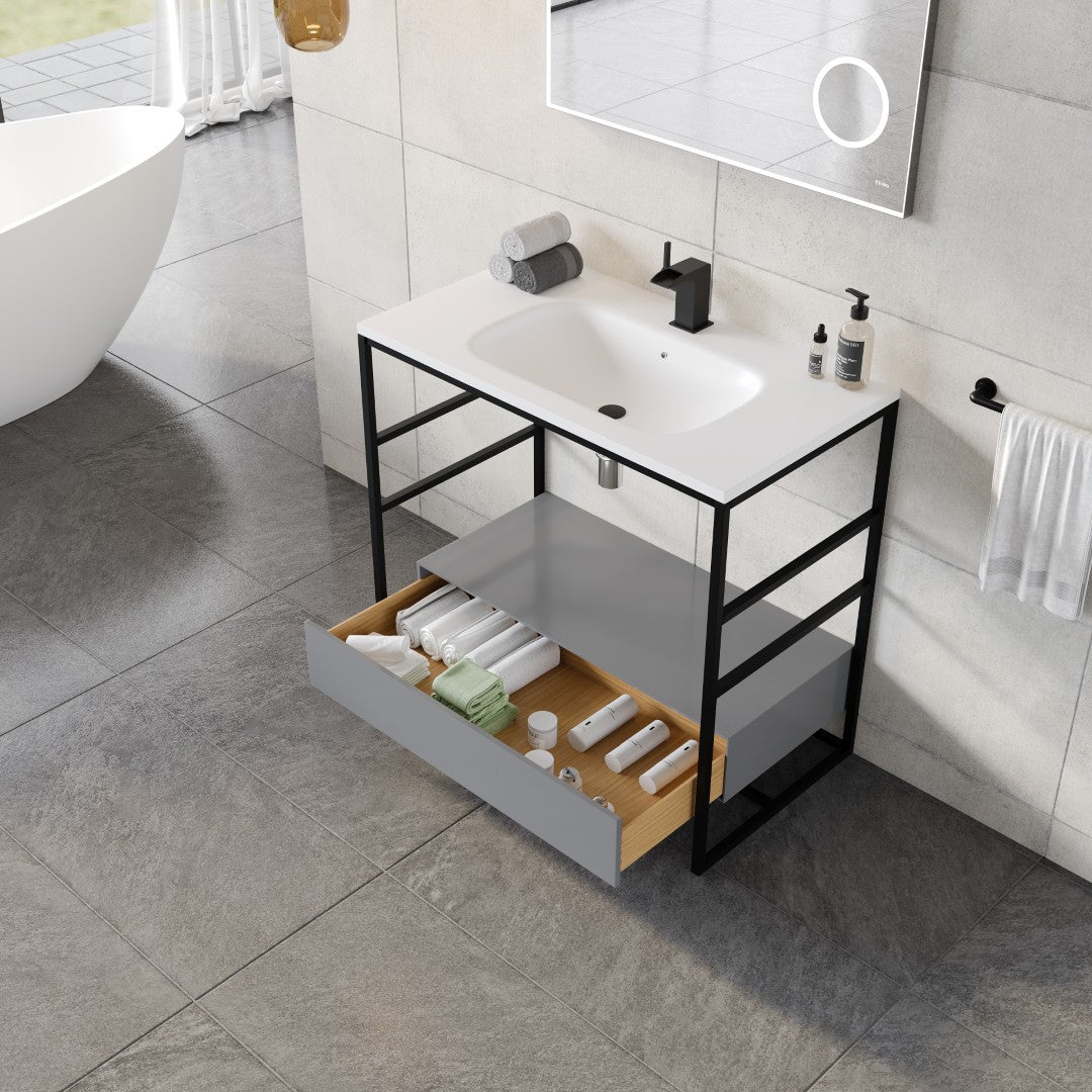 Lodge 36 in. Gray Single Sink Bath Vanity with Solid Surface Top and Integral Solid Surface Sink