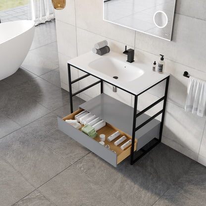 Lodge 36 in. Gray Single Sink Bath Vanity with Solid Surface Top and Integral Solid Surface Sink