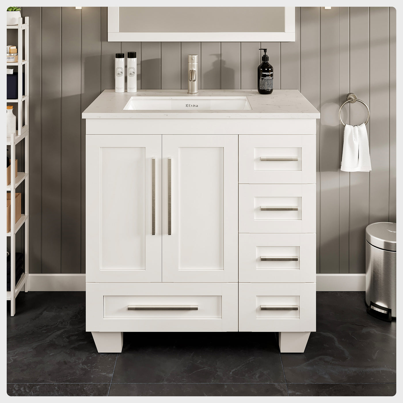 Loon 30"W x 22"D White Bathroom Vanity with White Carrara Quartz Countertop and Undermount Porcelain Sink