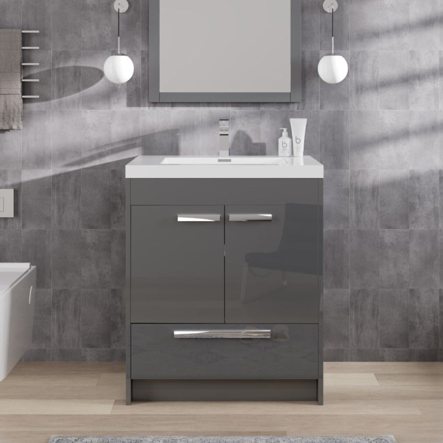 A modern Lugano 30 in. gray single sink bath vanity with an acrylic top and integrated sink, displayed in a bathroom setting.