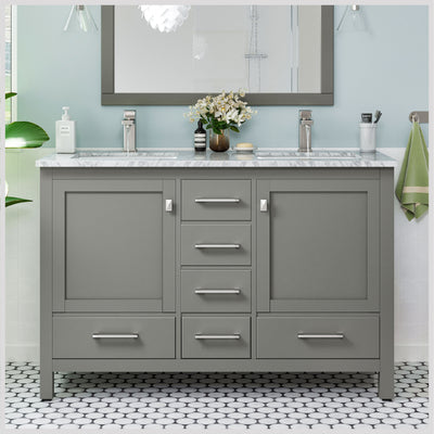 London 48"W x 18"D Gray Double Sink Bathroom Vanity with White Carrara Quartz Countertop and Undermount Porcelain Sinks