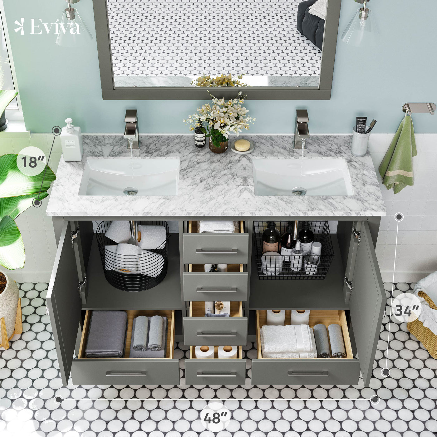 London 48"W x 18"D Gray Double Sink Bathroom Vanity with White Carrara Quartz Countertop and Undermount Porcelain Sinks