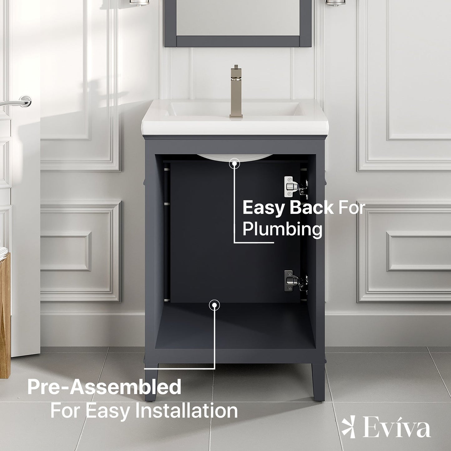 EVIVA Garci 24 Inch Transitional Dark Grey Style Bathroom Vanity with Porcelain Top