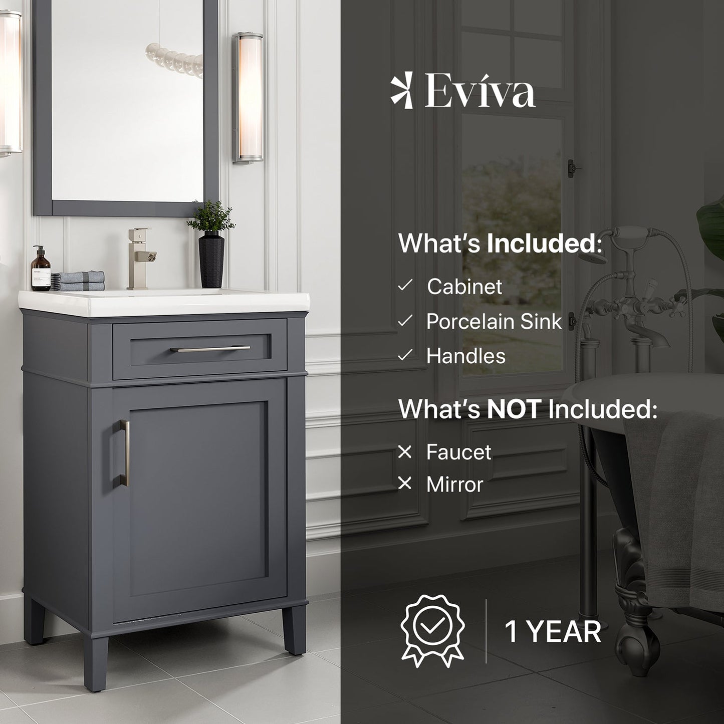 EVIVA Garci 24 Inch Transitional Dark Grey Style Bathroom Vanity with Porcelain Top