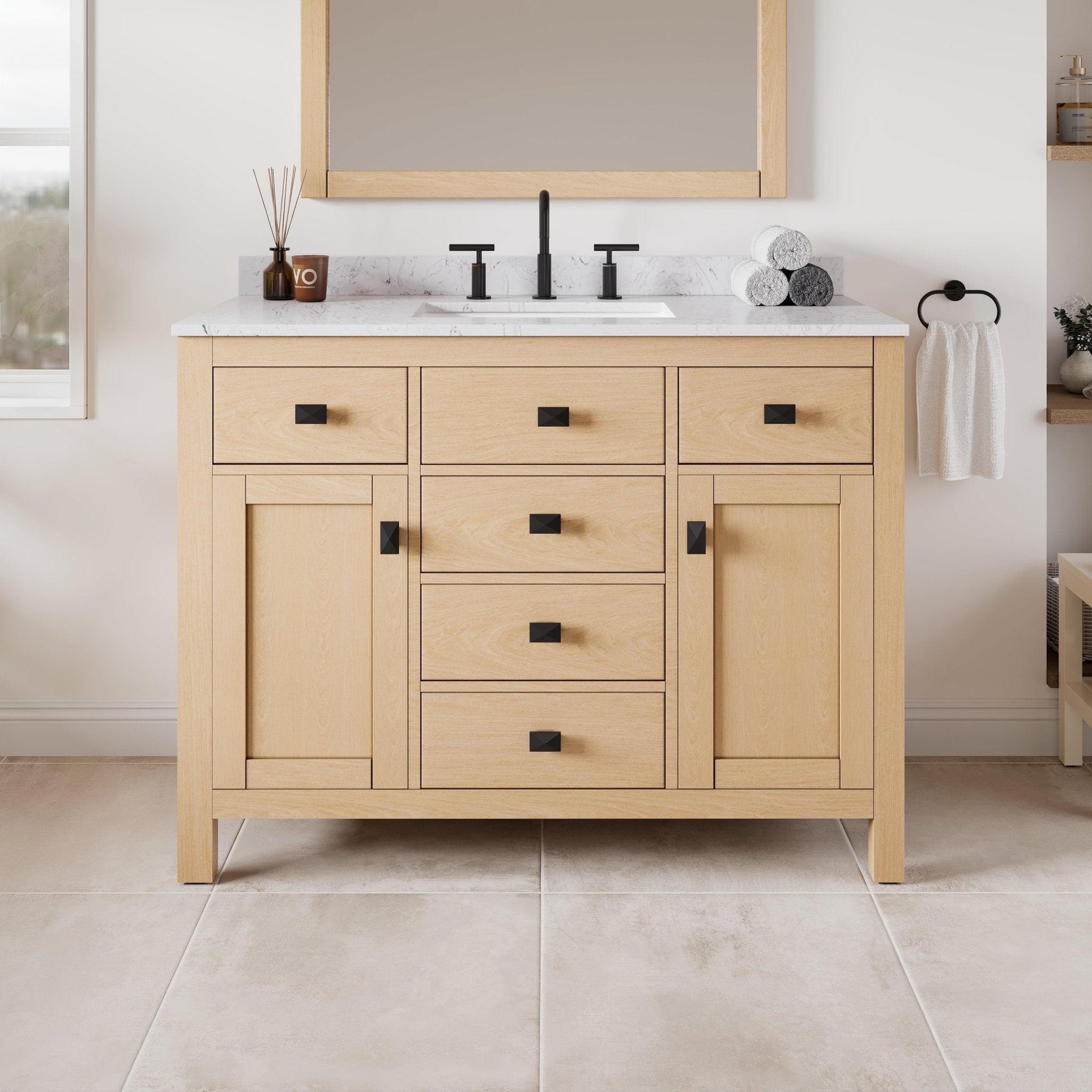 Artemis 42 in. Oak Single Sink Bath Vanity with Arabescato Engineered Stone Top and Undermount Porcelain Sink - Bathroom Vanity by Eviva