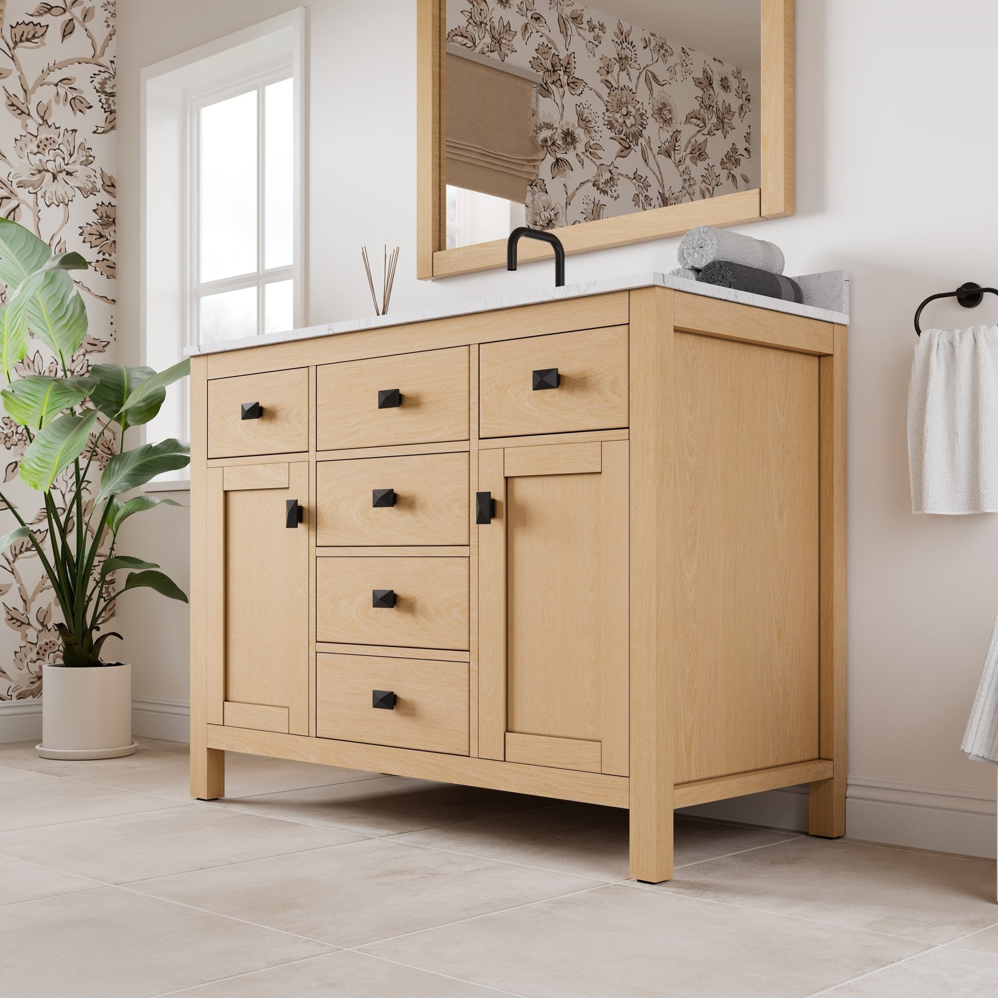 Artemis 42 in. Oak Single Sink Bath Vanity with Arabescato Engineered Stone Top and Undermount Porcelain Sink - Bathroom Vanity by Eviva
