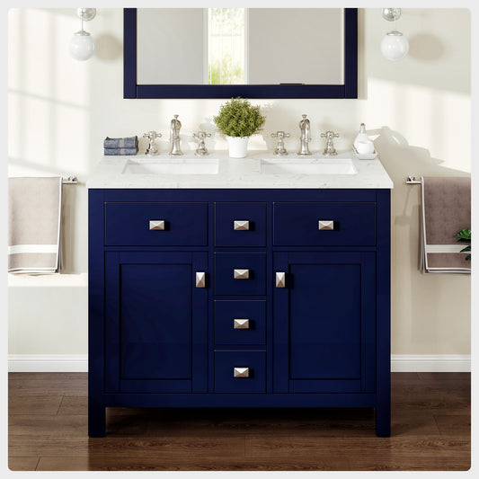 Totti Artemis 44 inch Blue Transitional Double Sink Bathroom Vanity with White Carrara Style Man-Made Stone Countertop and Under mount Porcelain Sinks