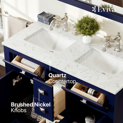 Artemis 44"W x 22"D Blue Double Sink Bathroom Vanity with White Carrara Quartz Countertop and Undermount Porcelain Sinks